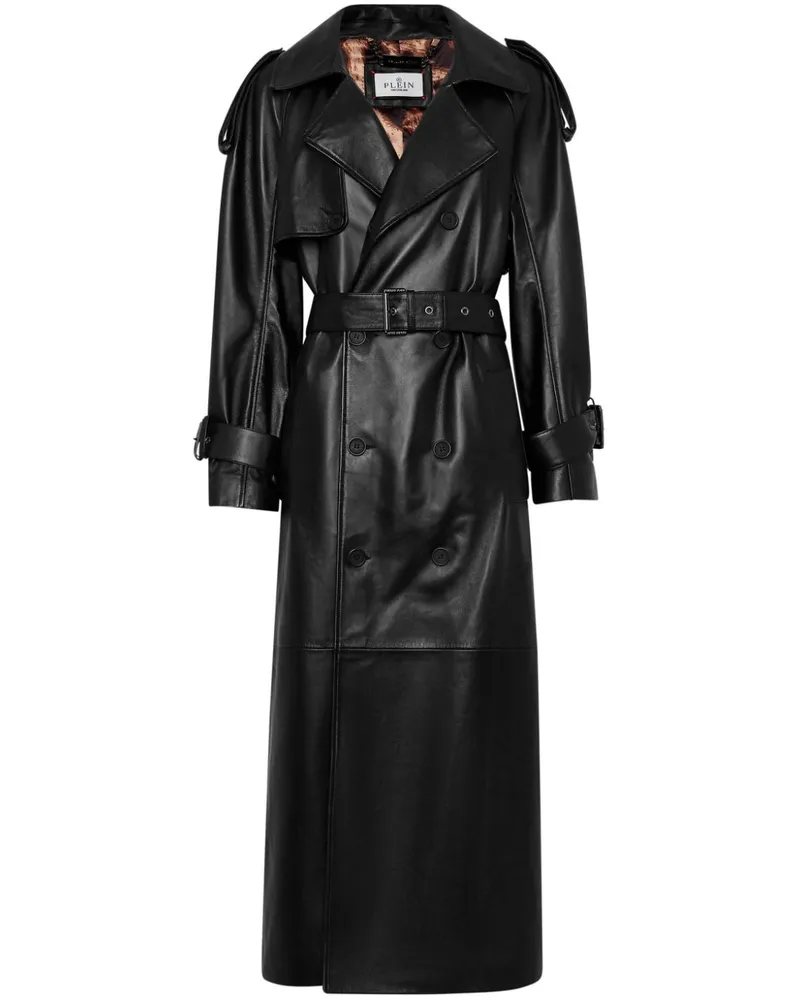 Philipp Plein Trenchcoat aus Leder mit Gürtel - Schwarz Schwarz