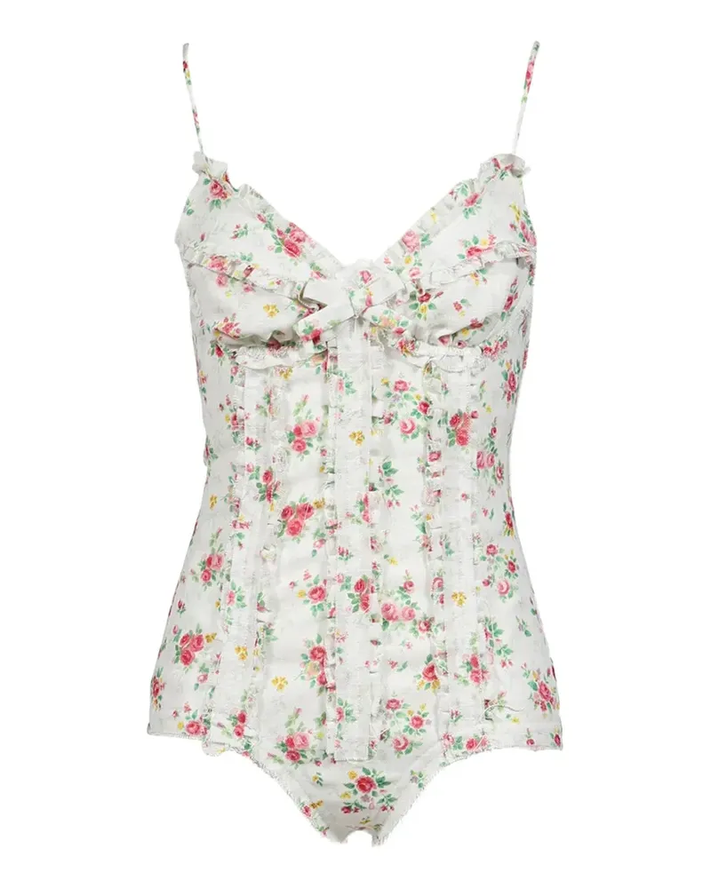 SHUSHU/TONG Gerüschter Body mit Blumenprint - Weiß Weiß