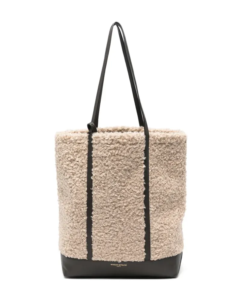 Kitsuné Schultertasche aus Faux Shearling mit Lederbesatz - Nude Nude