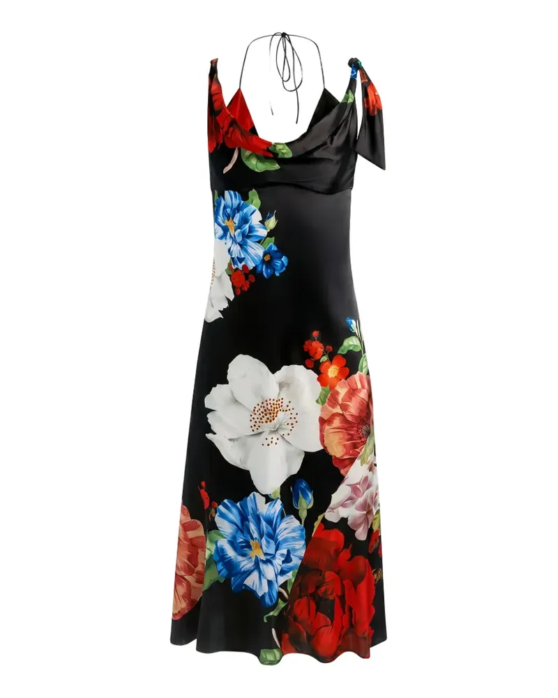 Alice + Olivia Wasserfallausschnitt-Midikleid mit Blumenprint - Schwarz Schwarz