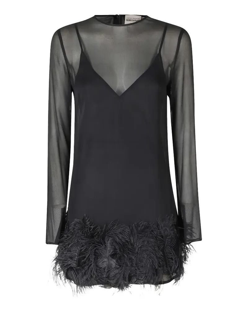 Semicouture Rae feather-trim sheer-sleeve mini dress - Schwarz Schwarz