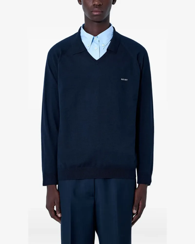 Miu Miu V-neck logo-patch sweater - Blau Blau