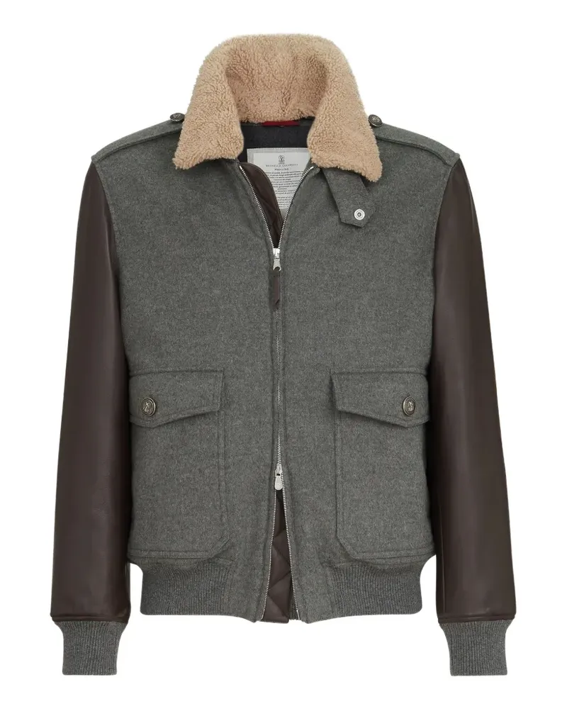 Brunello Cucinelli Bonded cashmere beaver cloth and nappa leather bomber jacket with Thermore® padding and detachable shearling collar - Grau Grau