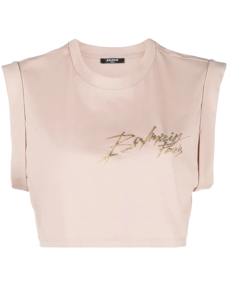 Balmain Top mit metallischem Logo - Nude Nude