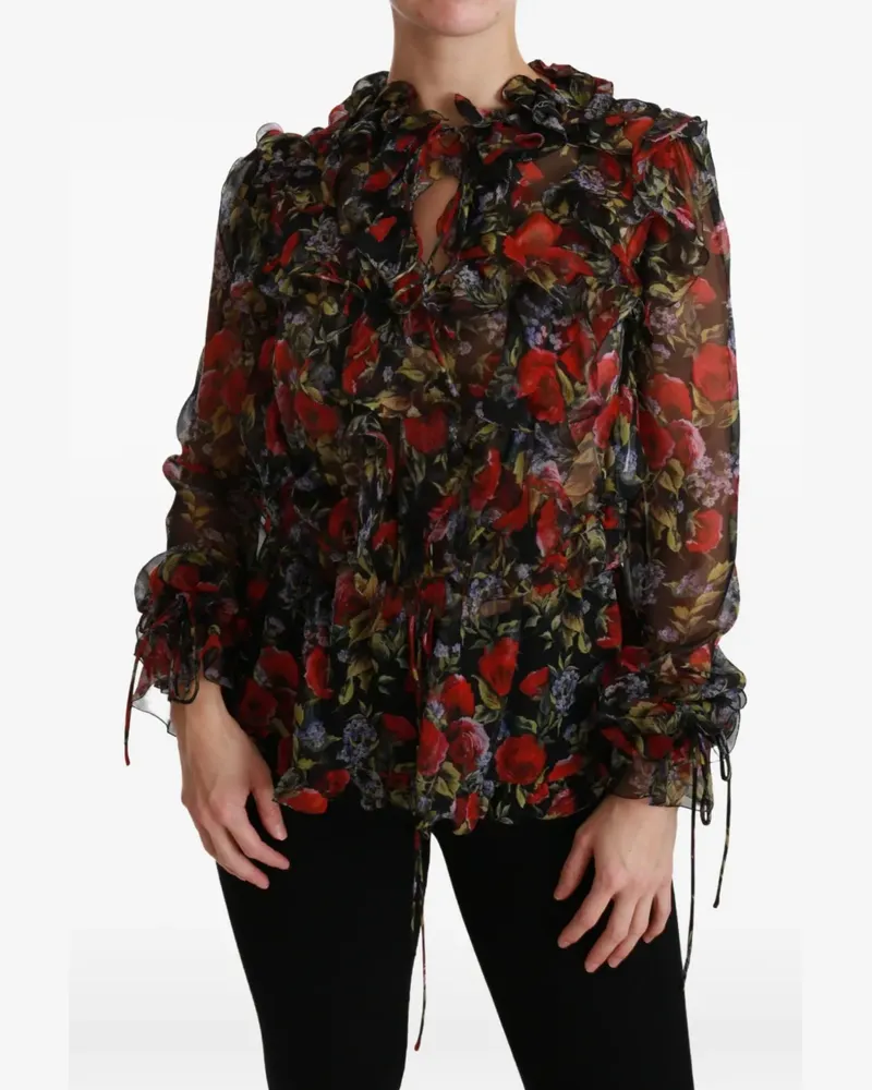 Dolce & Gabbana Gerüschte Bluse mit Blumenprint - Schwarz Schwarz