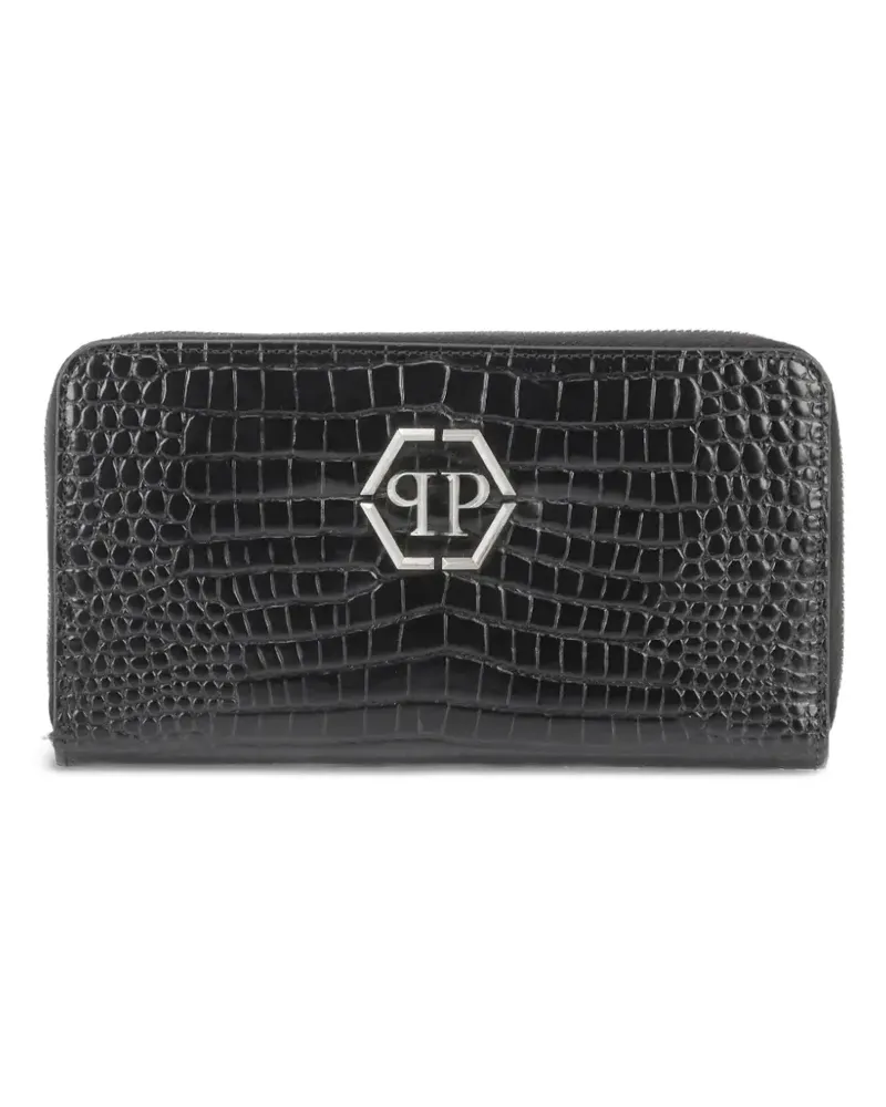 Philipp Plein Portemonnaie in Kroko-Optik mit Reißverschluss - Schwarz Schwarz