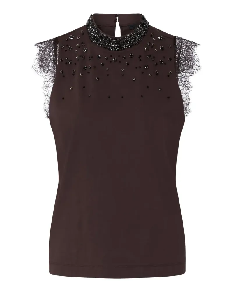 Liu Jo lace-trim rhinestone-embellished T-shirt - Braun Braun