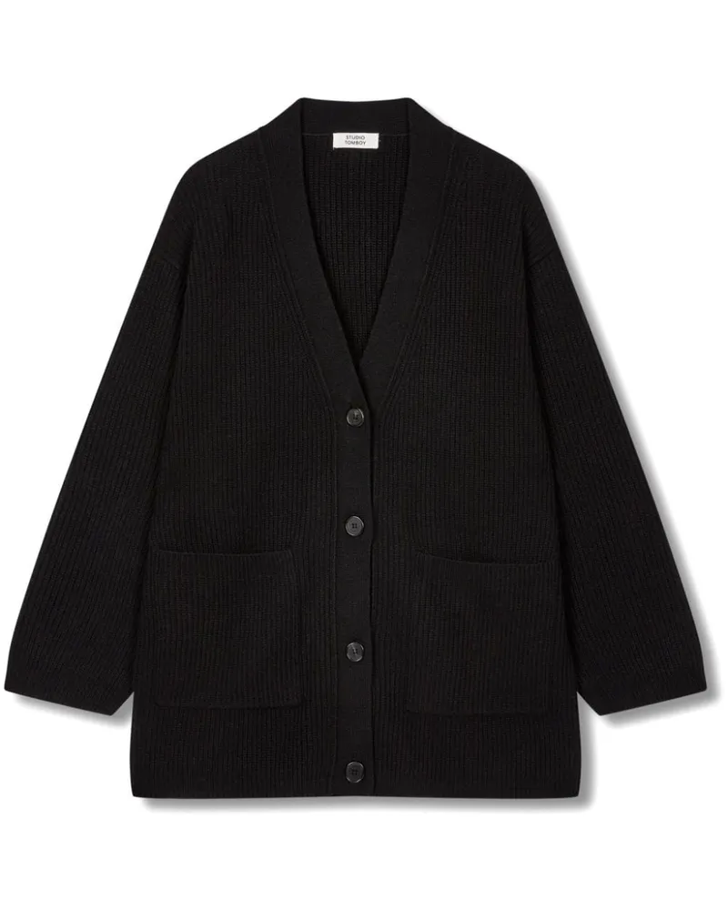 STUDIO TOMBOY Oversized-Cardigan mit V-Ausschnitt - Schwarz Schwarz