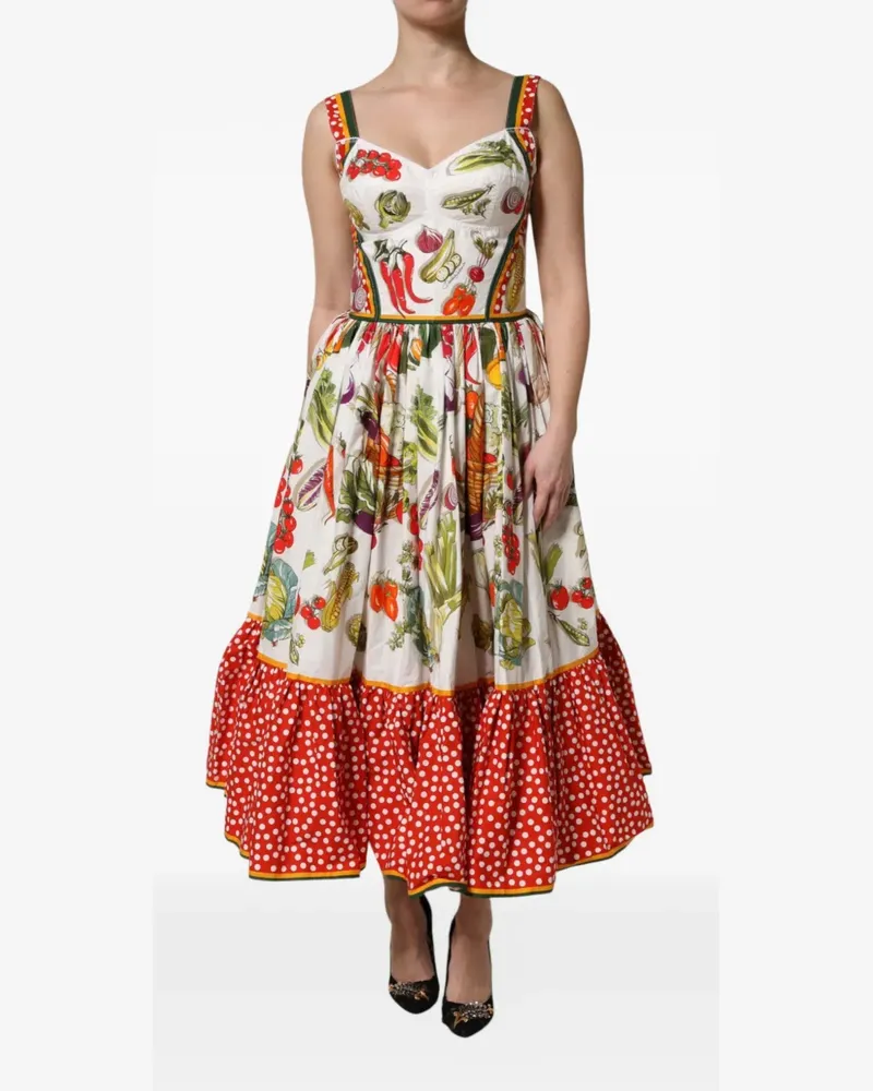 Dolce & Gabbana Gerüschtes Midikleid mit Gemüse-Print - Weiß Weiß