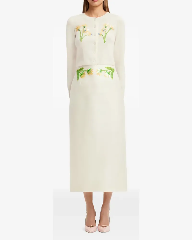 LEO LIN Quinn wildflower-embellished midi skirt - Nude Nude