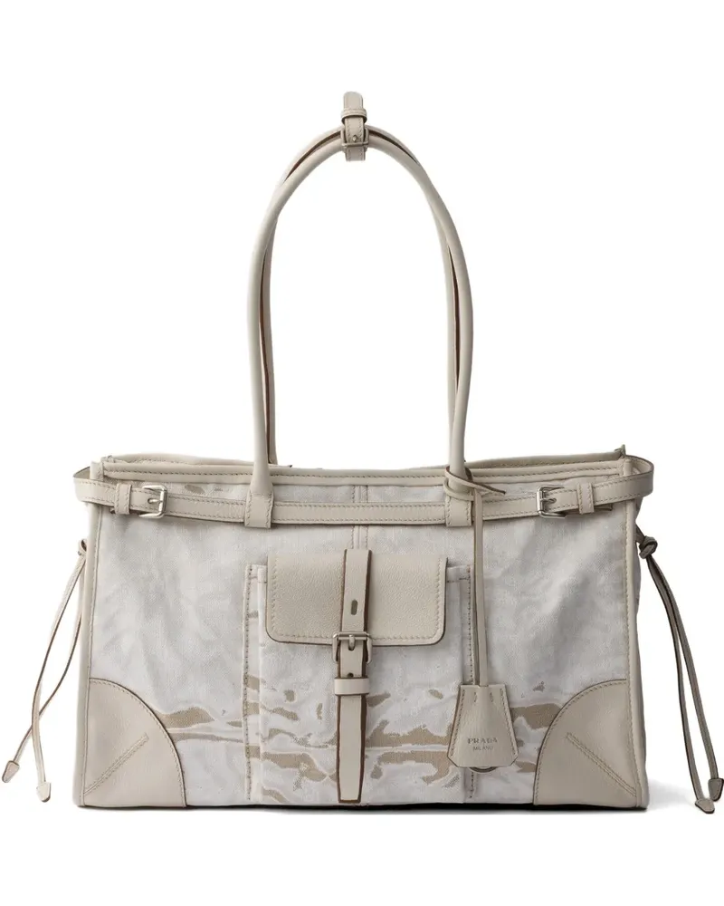 Prada Bonnie large printed linen and leather handbag - Nude Nude