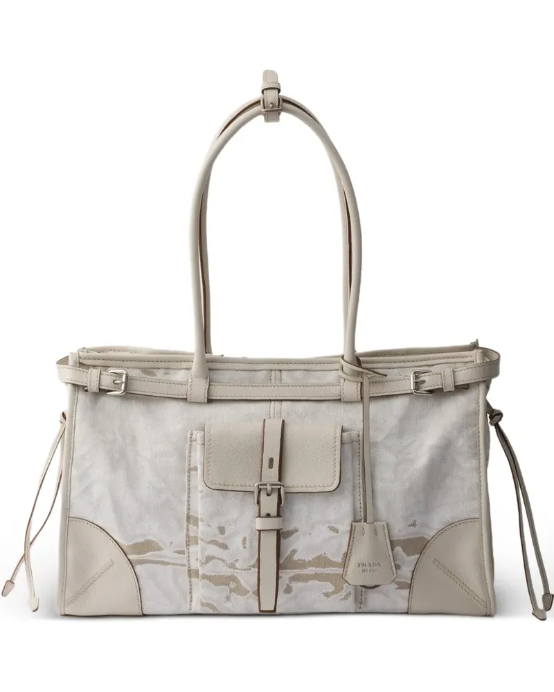 Prada Bonnie large printed linen and leather handbag - Nude Nude