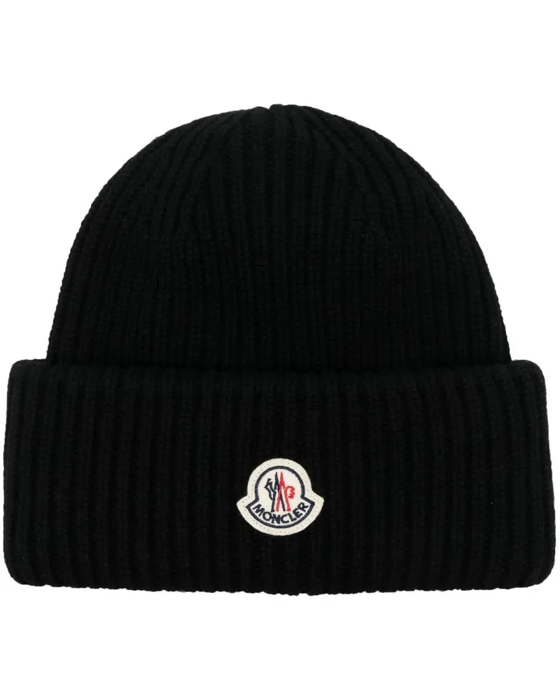 Moncler Gerippte Beanie mit Logo-Patch - Schwarz Schwarz