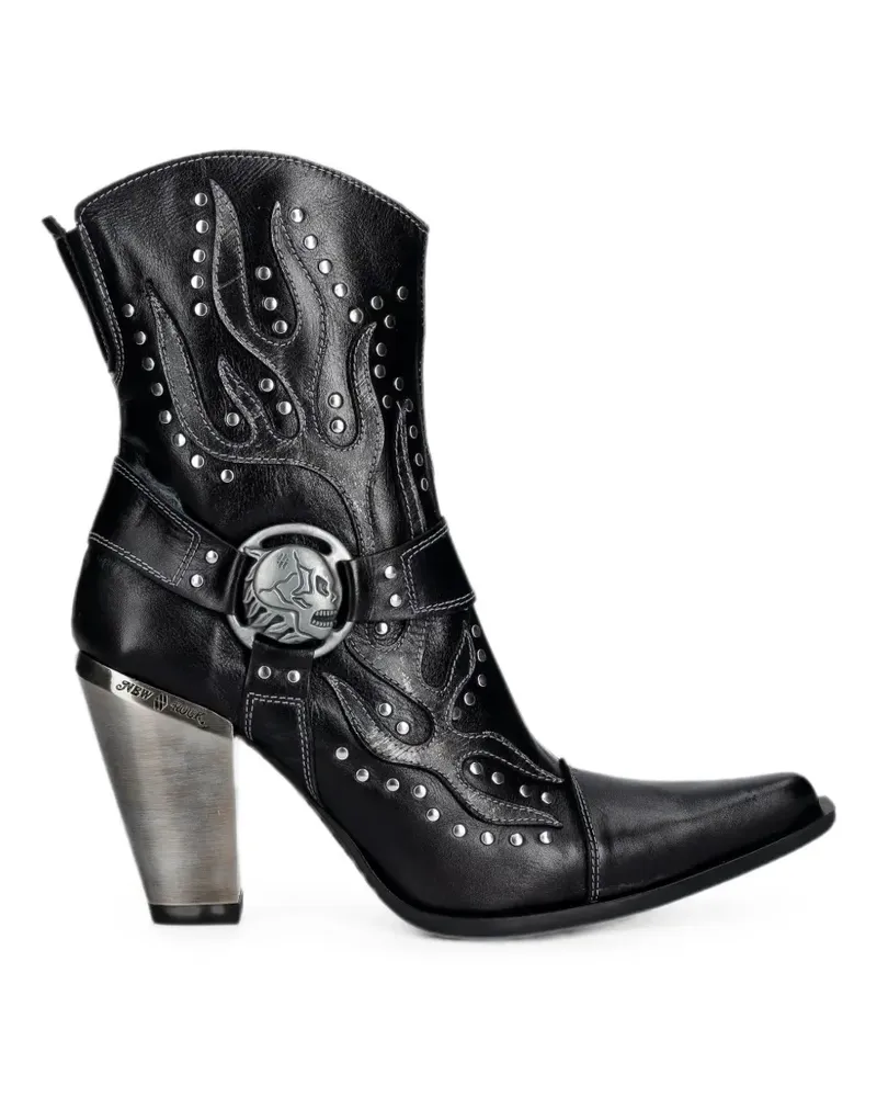 New Rock skull-plaque flame-appliqué boots - Schwarz Schwarz