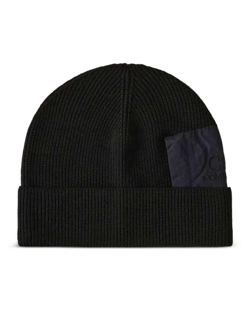 C.P. Company Gerippte Beanie mit Logo-Patch - Schwarz Schwarz