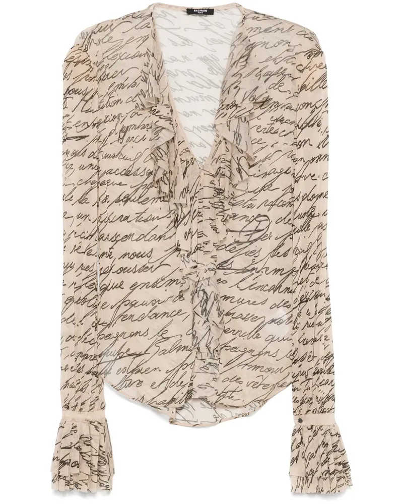 Balmain Gerüschte Bluse mit Love Letter-Print - Nude Nude