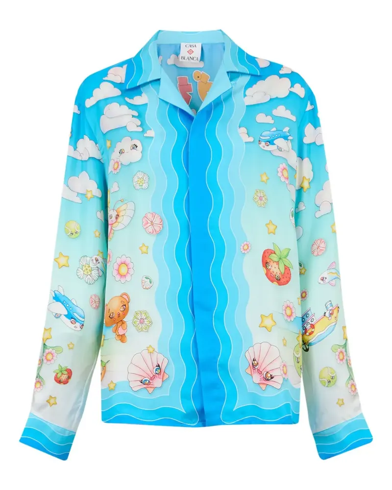 Casablanca Paris Seidenhemd mit Kawaii-Motiv - Blau Blau