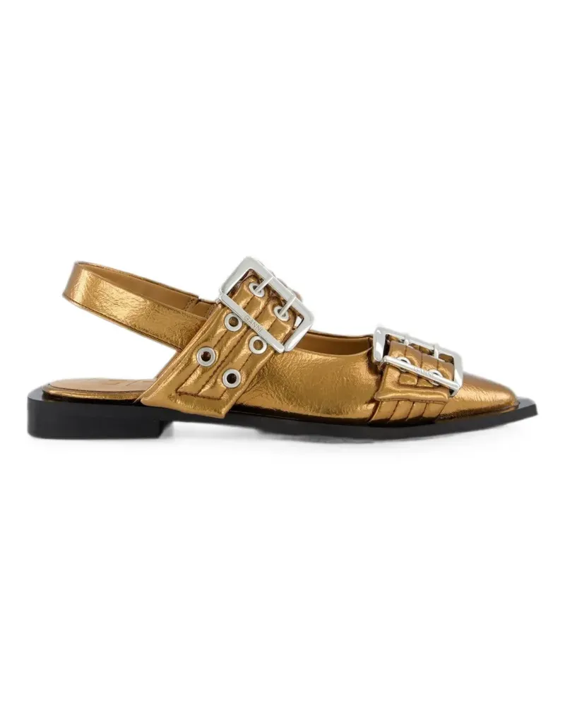 Ganni buckle-detail pointed-toe flat pumps - Gold Gold
