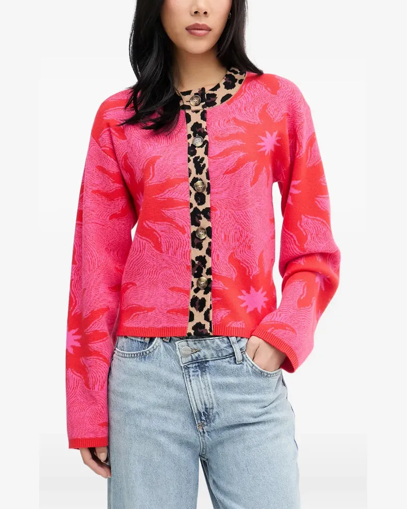 Never Fully Dressed leopard-trim floral-intarsia cardigan - Rosa Rosa