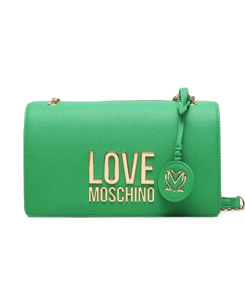 Moschino Clutch aus gekörntem Leder mit Logo-Schild - Grün Grün