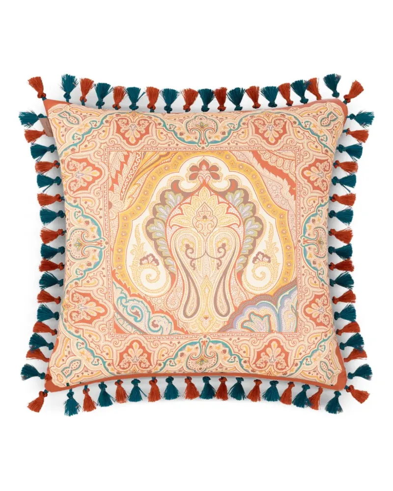 Etro placed print tassels cushion - Orange Orange