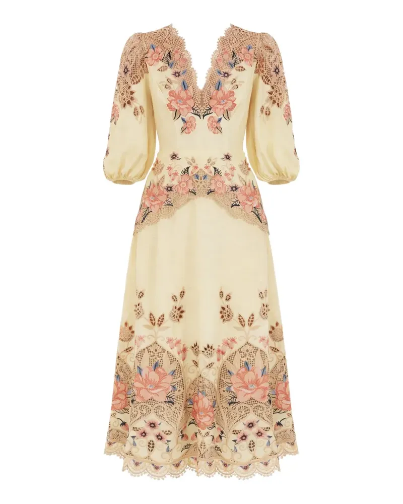 FARM Rio floral-embroidered midi linen dress - Nude Nude