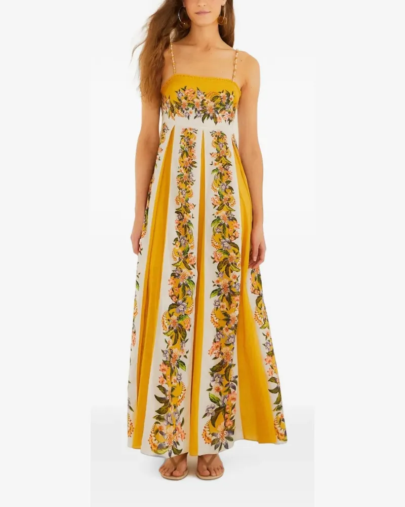 FARM Rio Gestreiftes Sand Hilo Maxikleid mit Blumenprint - Gelb Gelb