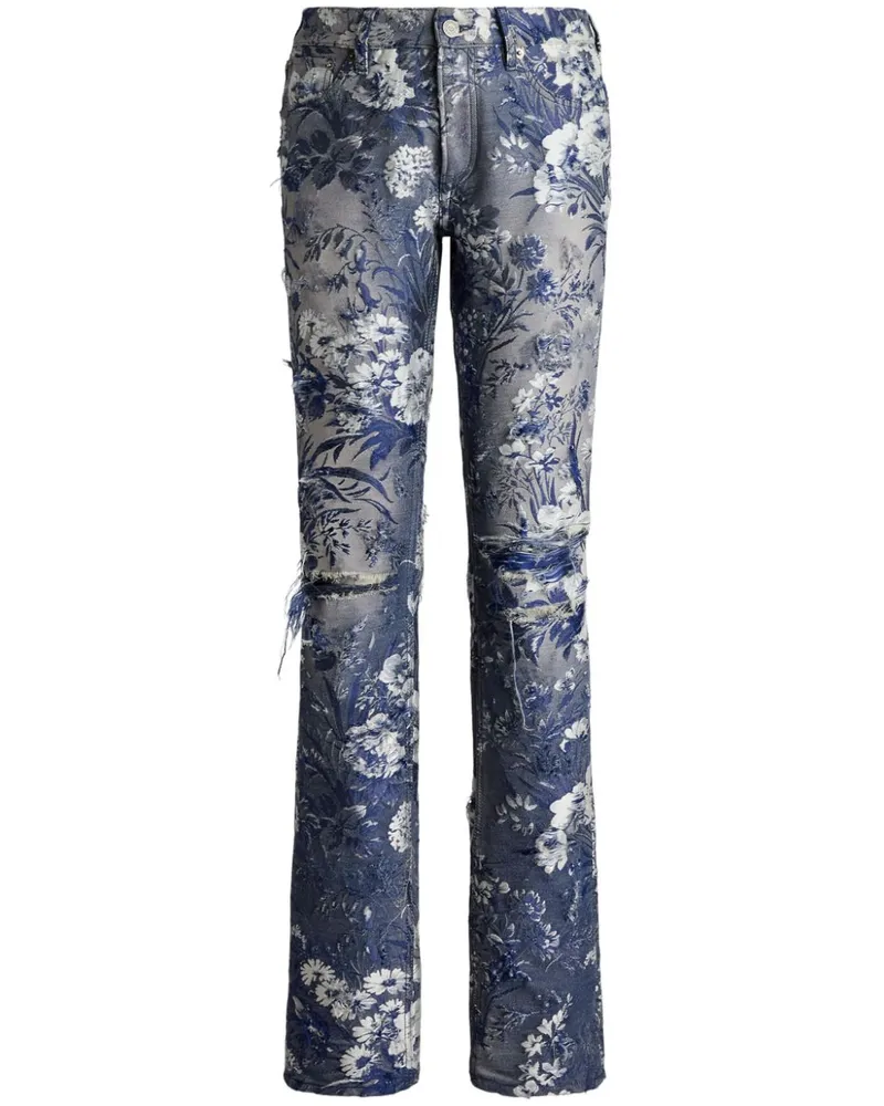 Ralph Lauren 160 Jeans in Distressed-Optik mit Blumenjacquard - Blau Blau