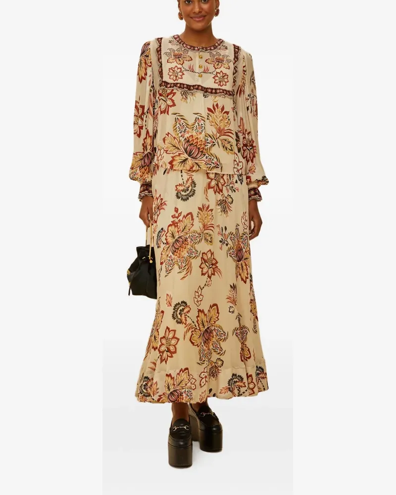 FARM Rio floral-print ruffled midi skirt - Nude Nude