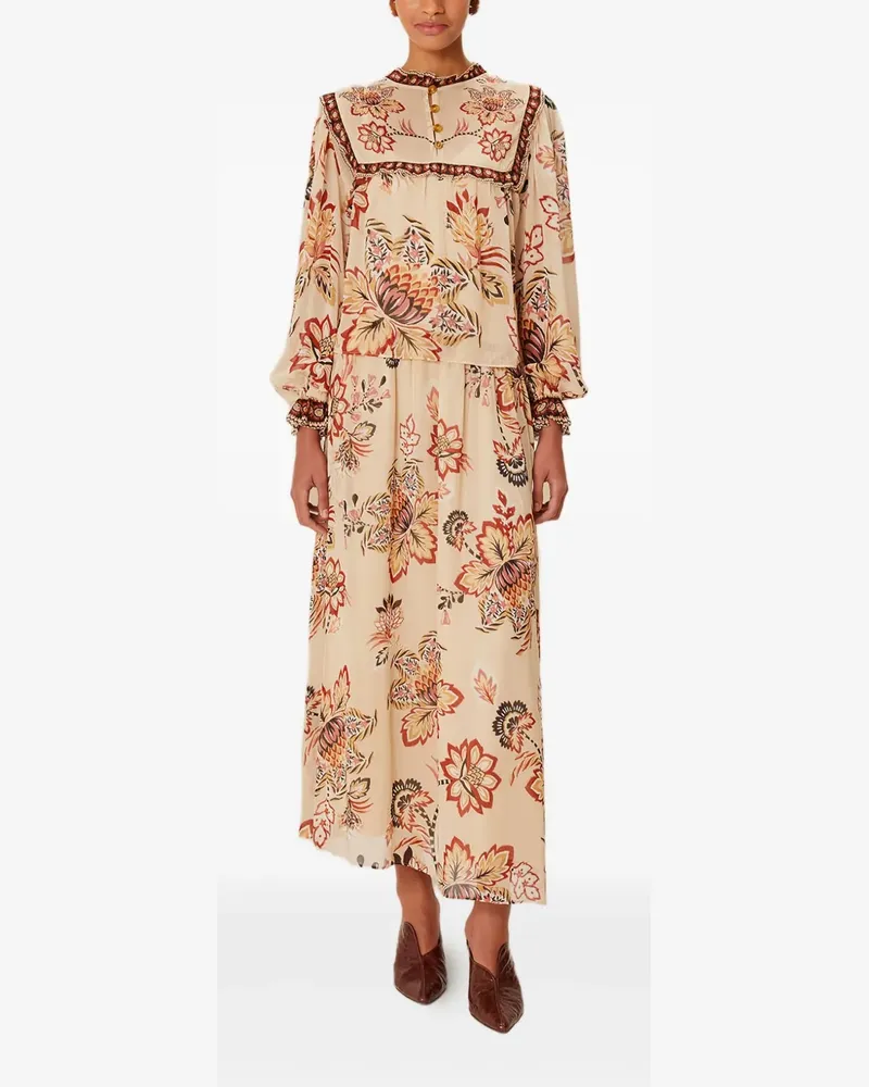 FARM Rio floral-print ruffled midi skirt - Nude Nude