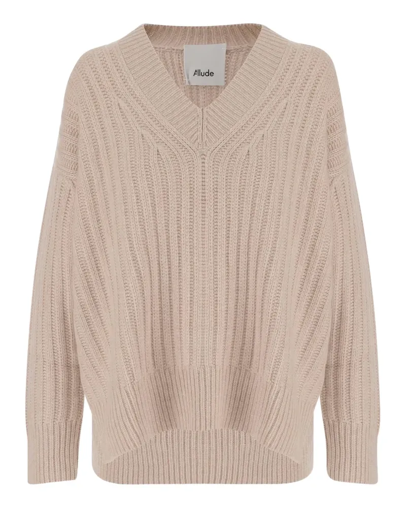 ALLUDE Gerippter Kaschmirpullover mit V-Ausschnitt - Nude Nude