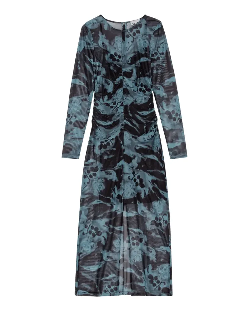 Ganni blue printed-mesh O-neck ruched long dress - Blau Blau
