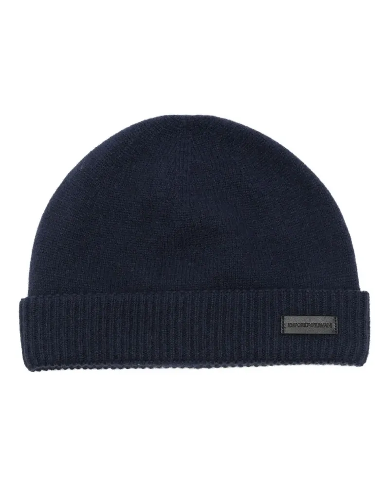 Emporio Armani Gerippte Beanie mit Logo-Patch - Blau Blau
