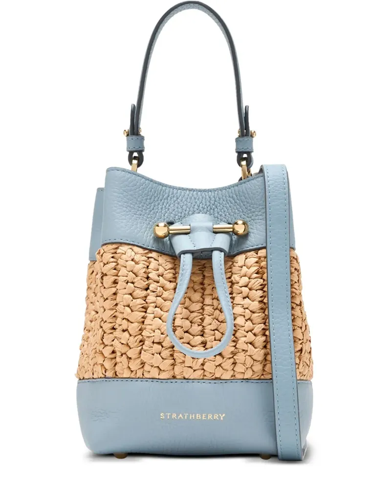Strathberry Mini Ossete Beuteltasche aus Leder-Raffiabast - Blau Blau