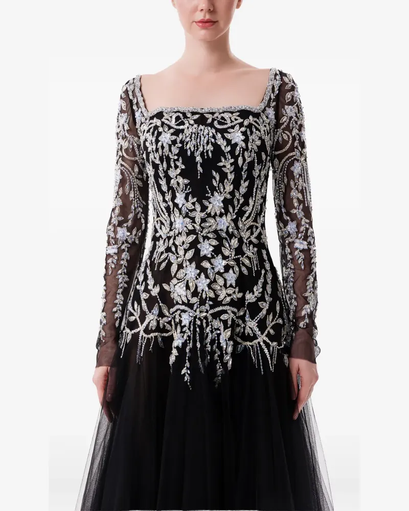 Dina Melwani Tüll-Maxikleid mit filigraner Verzierung - Schwarz Schwarz