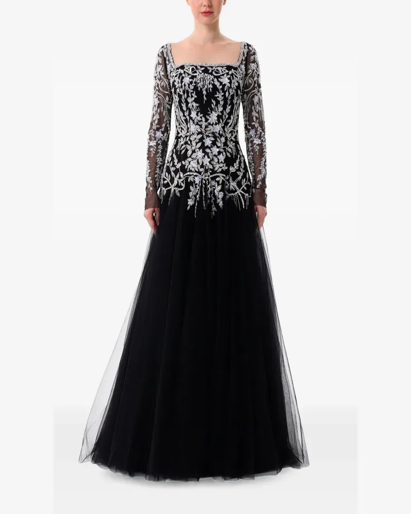 Dina Melwani Tüll-Maxikleid mit filigraner Verzierung - Schwarz Schwarz