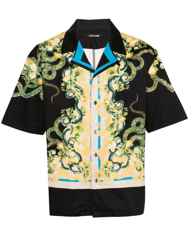 Roberto Cavalli Bowlinghemd mit Lemon and Snake-Print Schwarz