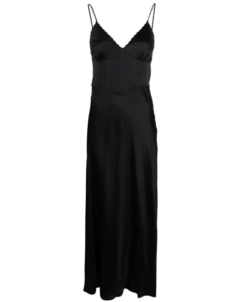 Twin-Set Maxikleid aus Satin mit Blumenstickerei - Schwarz Schwarz