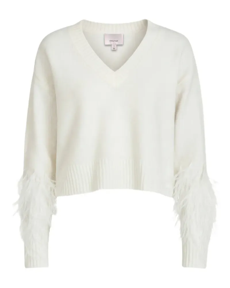 Cinq à Sept Brianne Pullover mit V-Ausschnitt und Federbesatz - Weiß Weiß