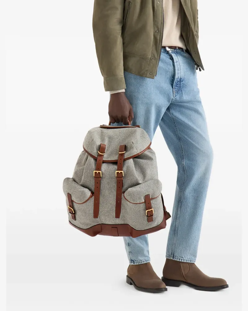 Brunello Cucinelli virgin wool, alpaca and cashmere flannel field backpack with grained calfskin inserts - Grau Grau
