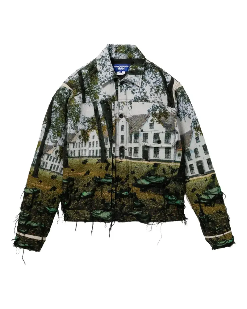 Junya Watanabe House tapestry-print frayed jacket - Grün Grün