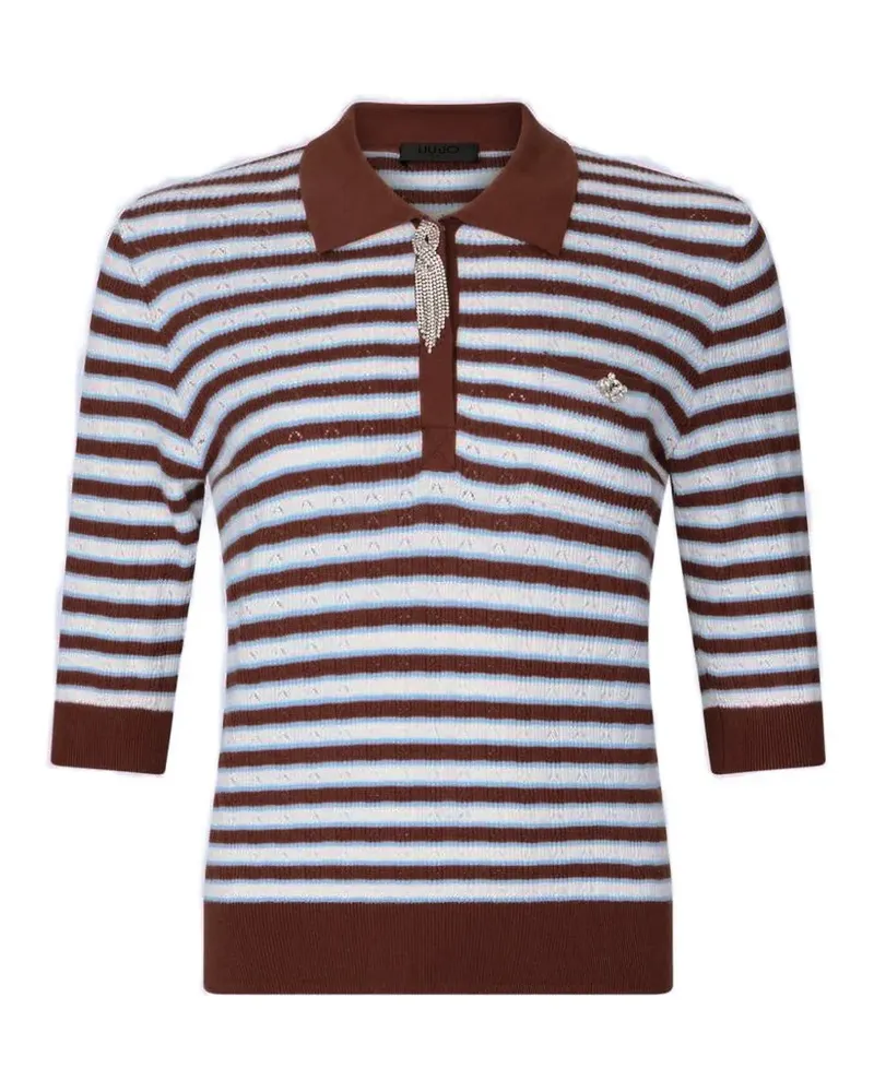Liu Jo Gestreiftes Poloshirt mit Schmucksteinen - Braun Braun