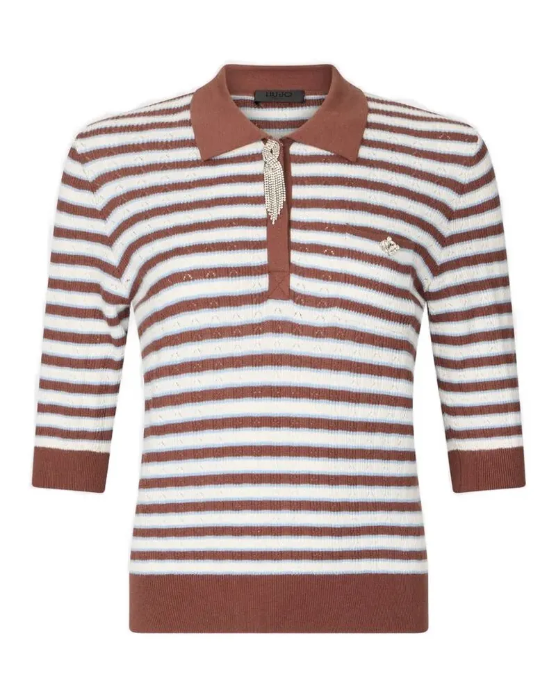 Liu Jo Gestreiftes Poloshirt mit Schmucksteinen - Braun Braun