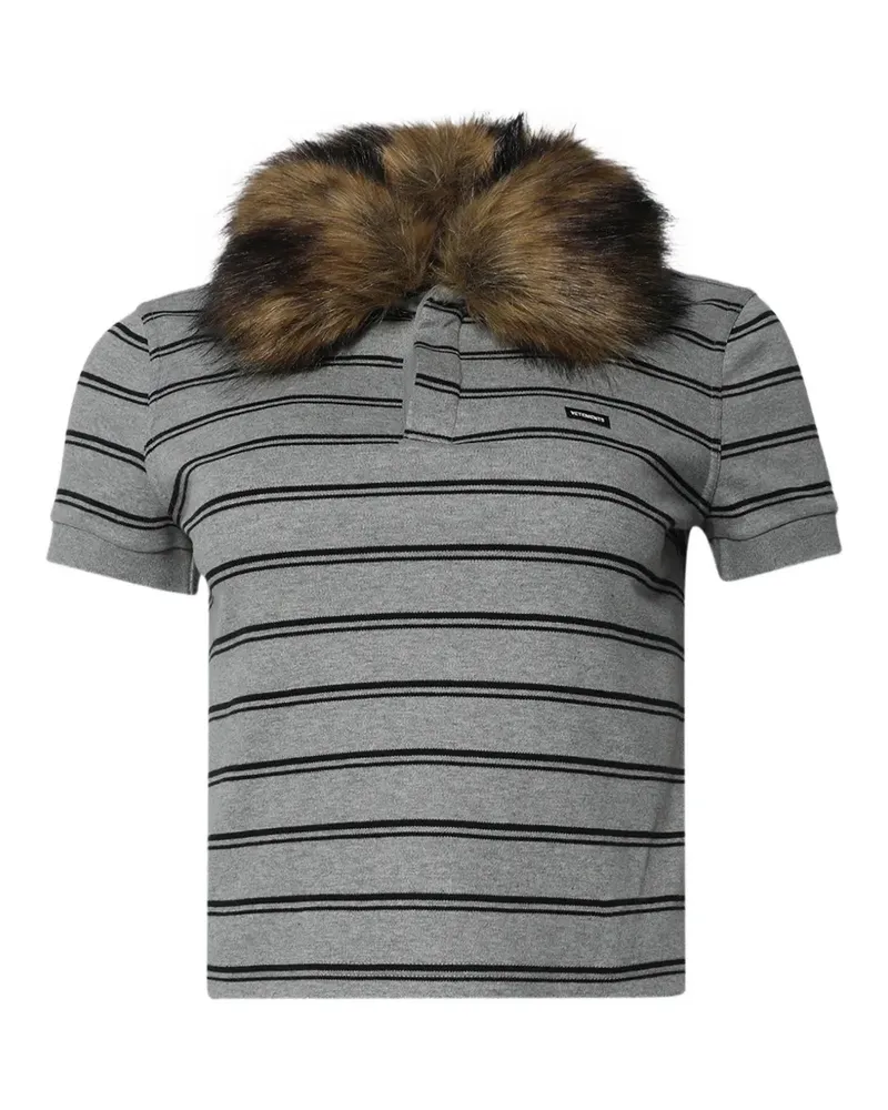 VETEMENTS Gestreiftes Poloshirt mit Faux Fur-Kragen - Grau Grau