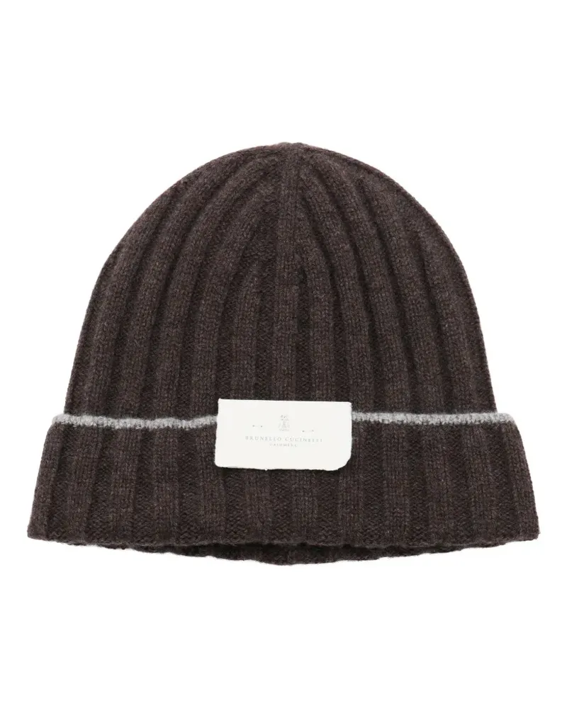 Brunello Cucinelli Gerippte Beanie mit Logo-Patch - Braun Braun
