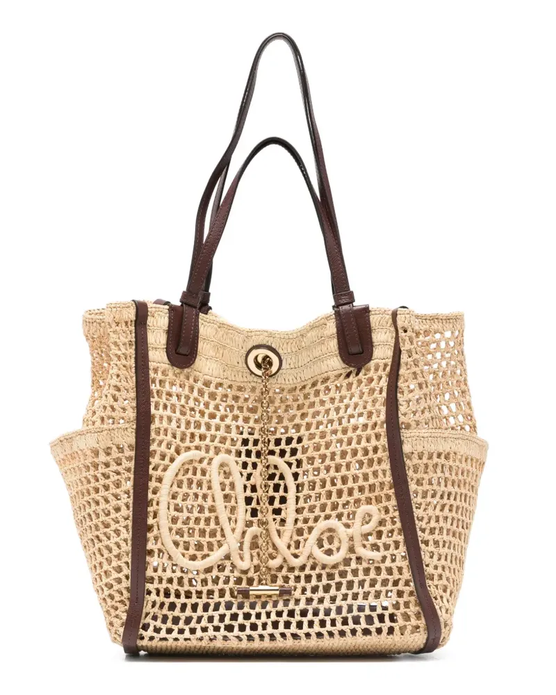 Chloé Double Carry open-knit logo-patch tote bag - Nude Nude