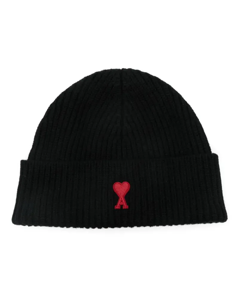 AMI Paris Gerippte Beanie mit Herz-Logo - Schwarz Schwarz