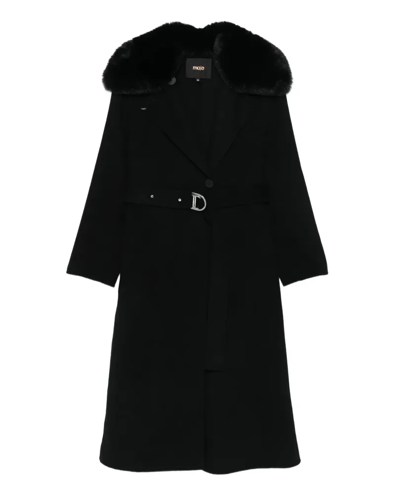 Maje Gürtel-Mantel mit Kragen aus Faux Fur - Schwarz Schwarz