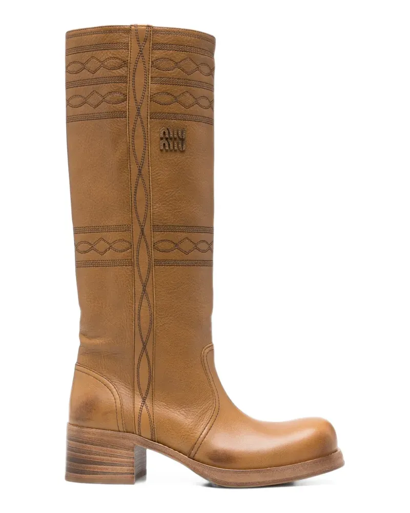 Miu Miu embroidered leather knee-high boots - Braun Braun