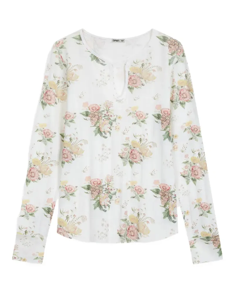 OPEN YY Henley-Oberteil mit Blumen - Weiß Weiß